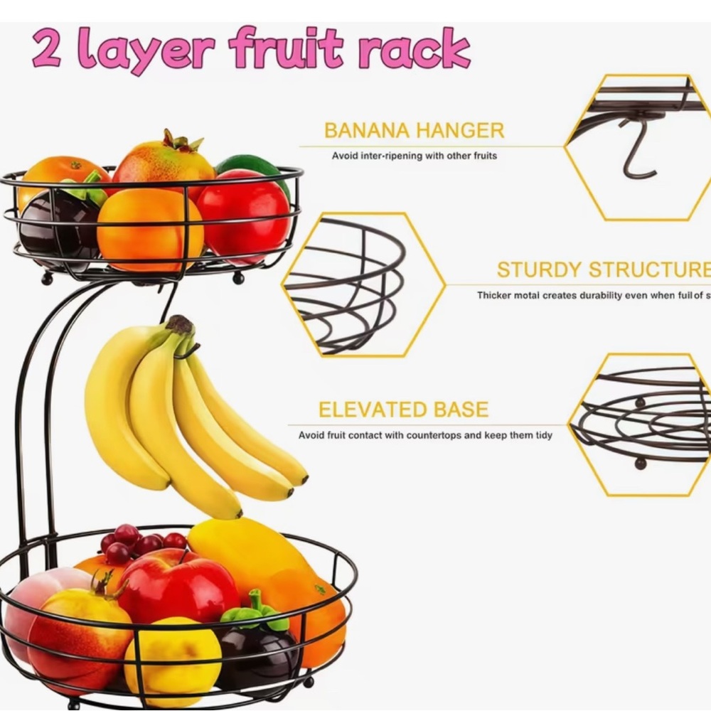 Black Metal Two-Tier Fruit Basket - Picture 5 of 5